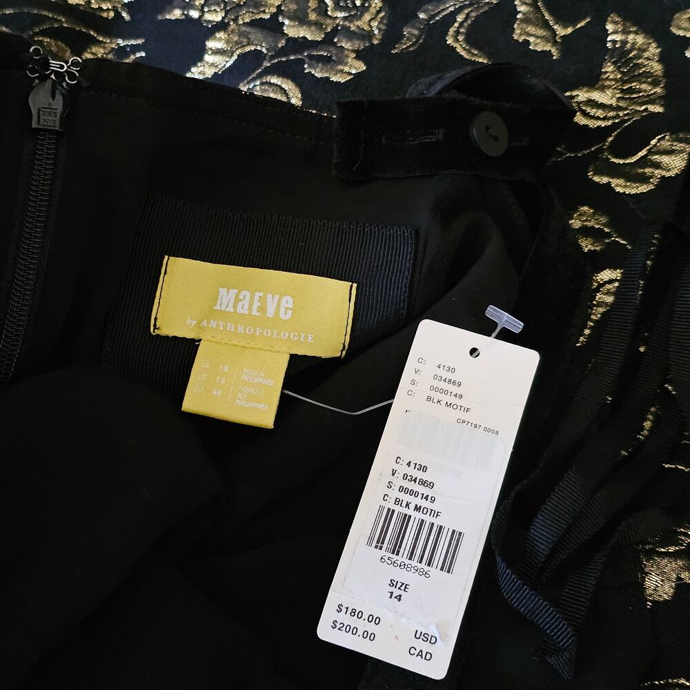 MAEVE Antropologie NWT Black & Gold Slim Jacquard Botanical Mini Dress Sz 14 - Picture 4 of 16
